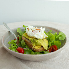 plate with toast with avocado and poached egg on the table