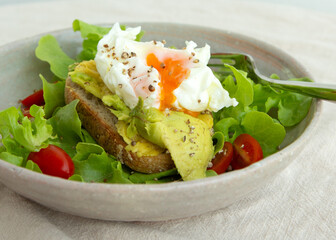 plate with avocado sandwich and poached egg on the table