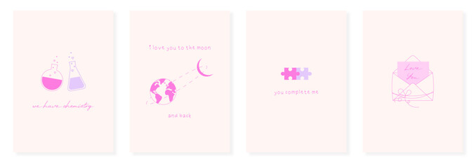 Set of minimalistic Valentine's Day greeting cards, posters with chemistry, moon, puzzles, envelope in flat outline style. Simple pink cards for February 14