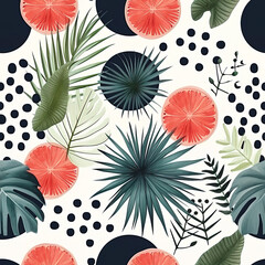 Tropical leaf retro polka dot exotic plants repeat pattern, boho abstract