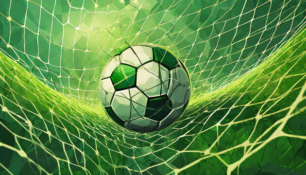 soccer ball in goal net, green background art design