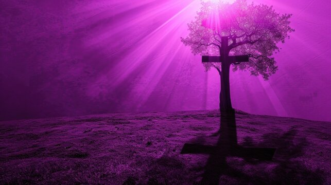 Surreal Ash Wednesday Tree Shadow Cross. A conceptual image capturing Ash Wednesday with a stark tree shadow forming an ash cross on the ground, set against a surreal purple sky