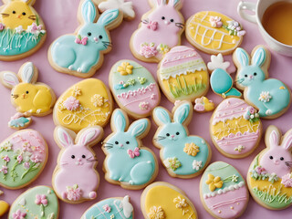 Fototapeta na wymiar Easter cookies in the shape of Easter bunnies in pastel colors
