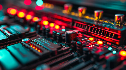 DJ Mixer Equipment: Close-up of a DJ mixer with buttons and sliders, representing technology and entertainment in the music industry