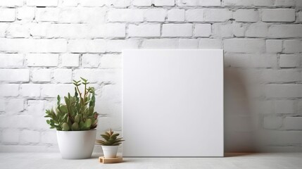 White canvas for mockup in a minimalist  interior room with a Blurred brick wall in the background - obrazy, fototapety, plakaty