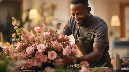 Portrait of a happy shopkeeper is smiling while making bouquet of flowers at his florist