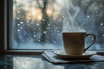A steaming cup of coffee sits on a saucer in front of a rainy window.