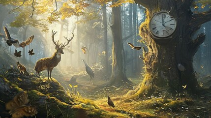 Timekeepers of the Forest: A Fantasy Illustration of Animals with Unique Perception of Time in a Magical Landscape - obrazy, fototapety, plakaty