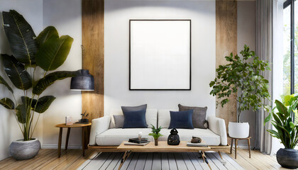A white empty frame mockup in the living room decoration with plants.