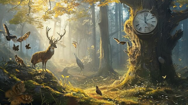 Timekeepers of the Forest: A Fantasy Illustration of Animals with Unique Perception of Time in a Magical Landscape