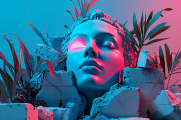 Surreal composition in neon light, female head statue with tropical leaves, pieces of concrete and stones