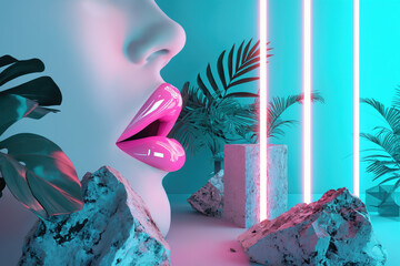 Surreal fashion composition in neon light, female head with tropical leaves, pieces of concrete and stones