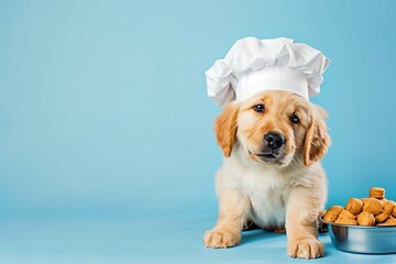 Funny golden retriever puppy in chef's hat with food for pets. isolated on blue background