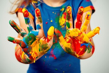 Child showing colourful painted hands, in the style of bright colors, bold shapes, letras y figuras, smilecore, capturing moments, colorist, bright glazes, quantumpunk, white background - obrazy, fototapety, plakaty