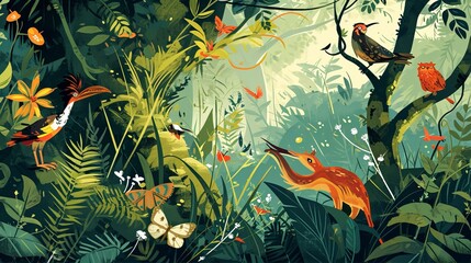 Fototapeta na wymiar Mystical Guardians of Biodiversity: Vibrant Illustration of Colorful Birds, Butterflies, and Lush Greenery in a Magical Forest Ecosystem