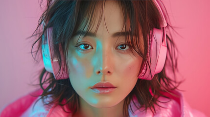 Close up portrait of a beautiful girl with headphones listening to music.. Generative Ai. 