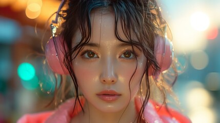 Close up portrait of a beautiful girl with headphones listening to music.. Generative Ai. 