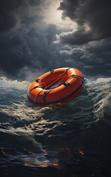 Lifebuoy floating on sea in storm weather.