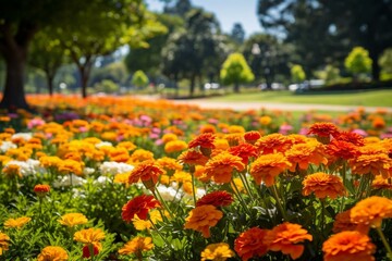 Park blossoms with vibrant marigold flowers. Generative AI