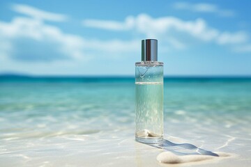 Clear bottle on beach promoting summer skincare for face or body. Generative AI
