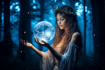 Beautiful girl on a night with a magic ball. Astrology and Zodiac Concept. Generative Ai.