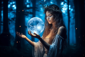 Naklejka premium Beautiful girl on a night with a magic ball. Astrology and Zodiac Concept. Generative Ai.