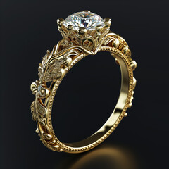a yellow gold engagement ring with a brilliant stone isolated on a black background