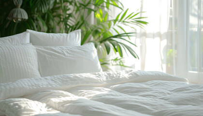 Close up of bed with white bedding, pillow and duvet against home greenery. Scandinavian interior design of modern bedroom