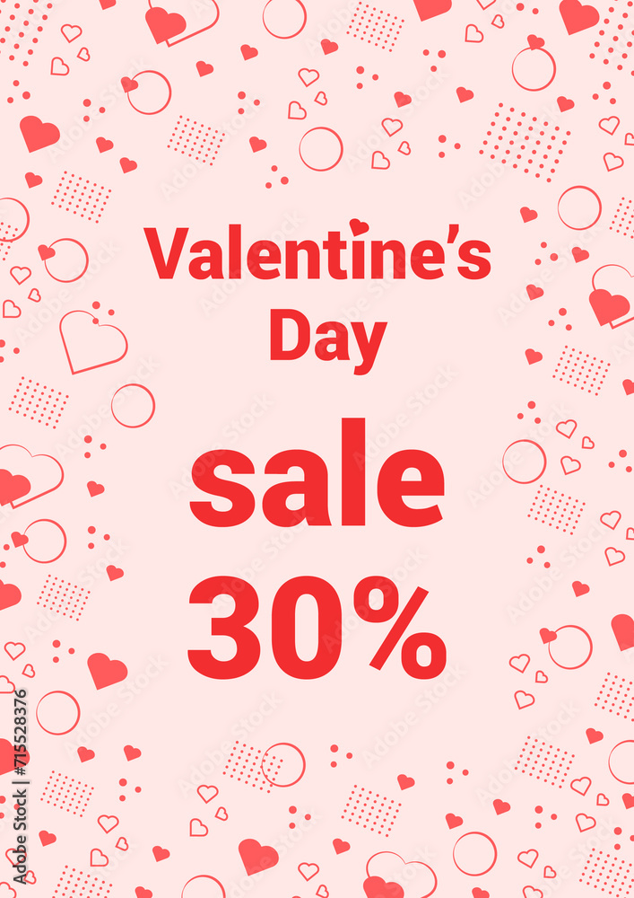 Aufkleber Poster with Memphis style frame with geometric shapes and red hearts. Text sale 30 percent. Design of pages for text. Set of templates.