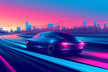 Vector illustration of smart autonomous driverless electric car driving on highway to downtown. 