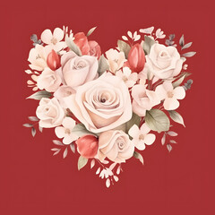 watercolor heart shaped rose bouquet on red background