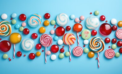 Colorful lollipops surrounded by candy on a blue background