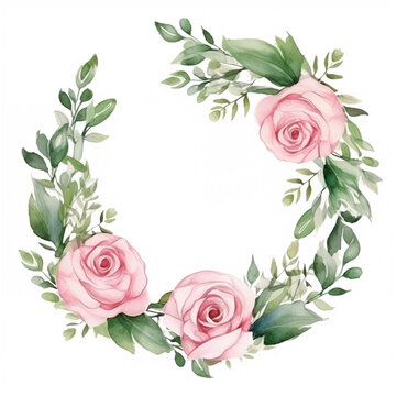 watercolor pink roses and leaves circle frame illustration