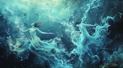 Mystic Marine Ballet: Ethereal Underwater Dance of Graceful Figures Amidst Oceanic Beauty