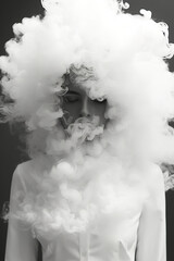 Surrealistic portrait of a person with a cloud of smoke obscuring the head and torso. Generative artificial intelligence.