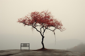 A vibrant cherry blossom stands alone with an empty bench beside it, shrouded in the serene mist of an early morning.