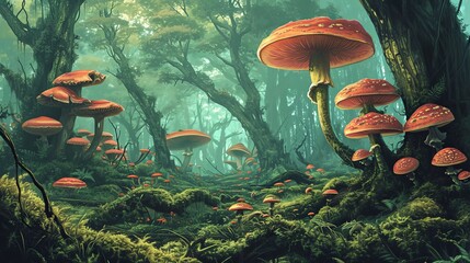 Fungal Diplomacy: A Mystical Forest Scene with Vibrant Red Mushrooms and Green Foliage, Illustrating the Symbiotic Relationships Between Fungi and Plants - obrazy, fototapety, plakaty