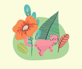 Pretty kids drawing with a small kitten walking among leaves and flowers. Cute cartoon cat among plants. Hand drawn vector illustration.