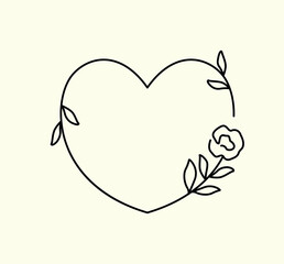 Linear frame in a shape of a heart with a flower in a minimalist style. Cute graphic design element, isolated love symbol, simple romantic border in line art style. Vector illustration, card template.