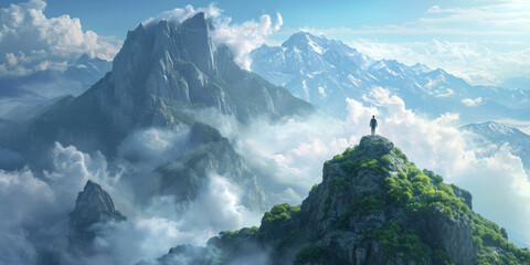 person standing on top of a mountain with clouds in the background