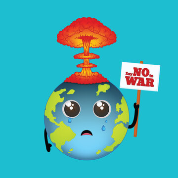 Sad earth globe holding a sign stop war cartoon icon illustration