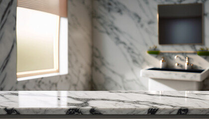 Marble counter table top in bath room background with light and shadow effect