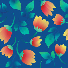 Seamless floral pattern, abstract flower print, ditsy ornament of simple watercolor botany. Botanical surface design: small hand drawn orange flowers, leaves on a blue background. Vector illustration.