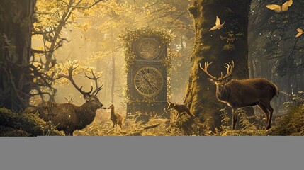 Enchanted Forest with Timekeeping Clock Tower, Majestic Deers, and Fluttering Butterflies Illuminated by Golden Sunlight
