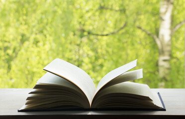 Open Book on windowsill in spring on nature background