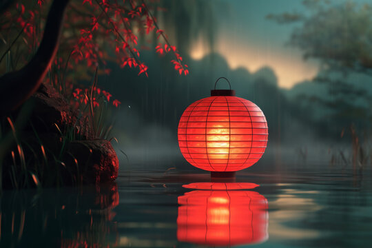 A 3d image of a red paper lantern in a water.