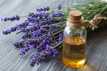 Bottle of Lavender essential oil with fresh lavender flowers on wooden table