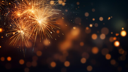 Naklejka premium Happy New Year, burning fireworks with bokeh light background