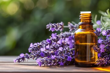 Bottle of Lavender essential oil with fresh lavender flowers on wooden table