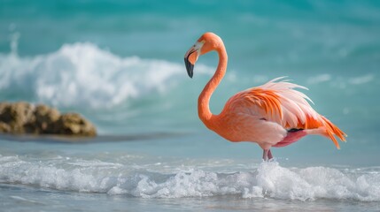 Close shot of a flamingo at sea